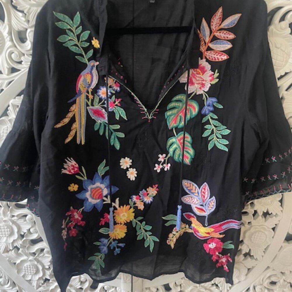 Johnny Was Black Floral Embroidered Cotton Blouse